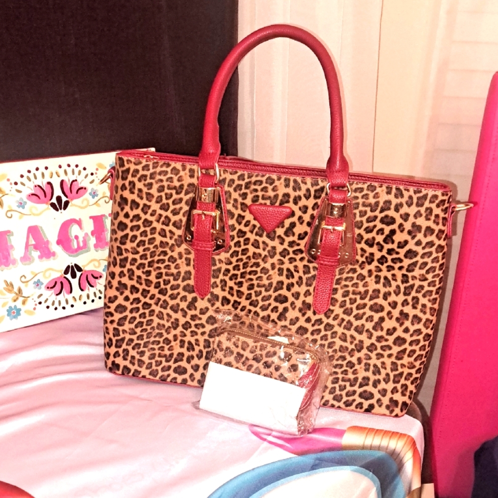 2PC Leopard Print Tote Bag and Wallet with Red Accents NWOT